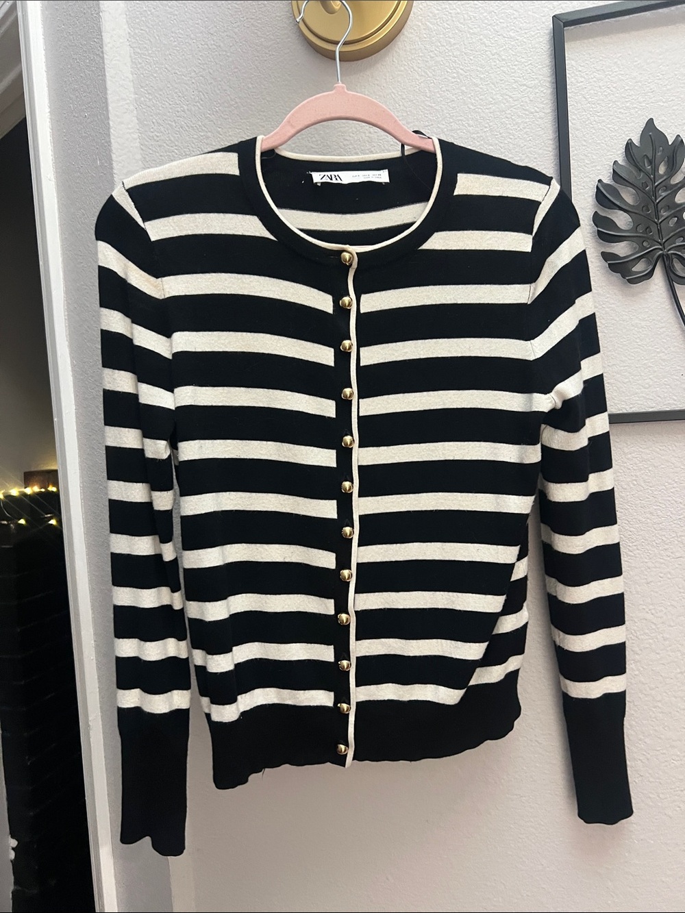 || Zara || Black & White Striped-Front Cardigan || Gold Buttons